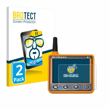 Front side of a product packaging with the brand logo BROTECT. Next to it is the device Skytraxx 2.1 Vario shown with the corr