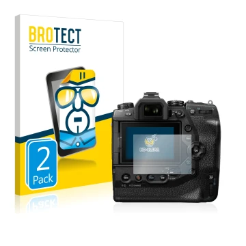 Front side of a product packaging with the brand logo BROTECT. Next to it is the device Olympus OM-D E-M1X shown with the corr