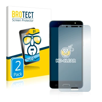 Front side of a product packaging with the brand logo BROTECT. Next to it is the device Samsung Galaxy J5 2016 shown with the 