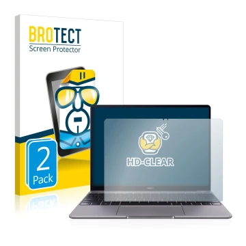 Front side of a product packaging with the brand logo BROTECT. Next to it is the device Huawei MateBook 13 2019 shown with the