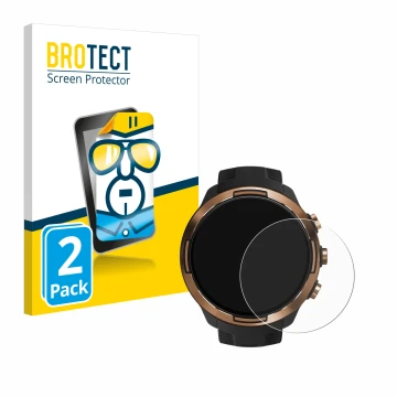 Front side of a product packaging with the brand logo BROTECT. Next to it is the device Suunto 9 Baro shown with the correspon