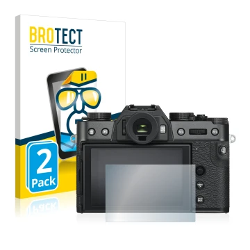 Front side of a product packaging with the brand logo BROTECT. Next to it is the device Fujifilm X-T30 shown with the correspo