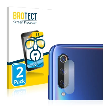 Front side of a product packaging with the brand logo BROTECT. Next to it is the device Xiaomi Mi 9 (ONLY Camera Lens) shown w