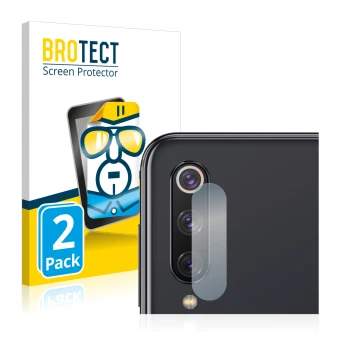 Front side of a product packaging with the brand logo BROTECT. Next to it is the device Xiaomi Mi 9 SE (ONLY Camera Lens) show
