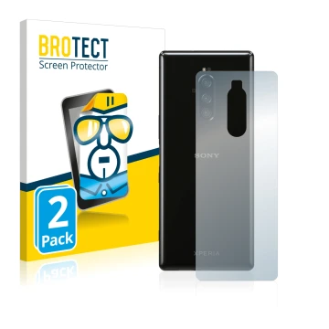 Front side of a product packaging with the brand logo BROTECT. Next to it is the device Sony Xperia 1 (Back) shown with the co