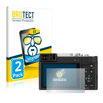 Front side of a product packaging with the brand logo BROTECT. Next to it is the device Panasonic Lumix DC-TZ96 shown with the