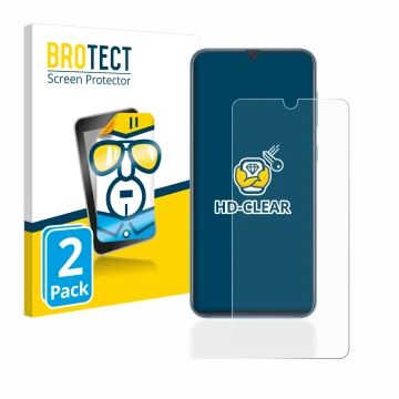 Front side of a product packaging with the brand logo BROTECT. Next to it is the device Samsung Galaxy A40 shown with the corr