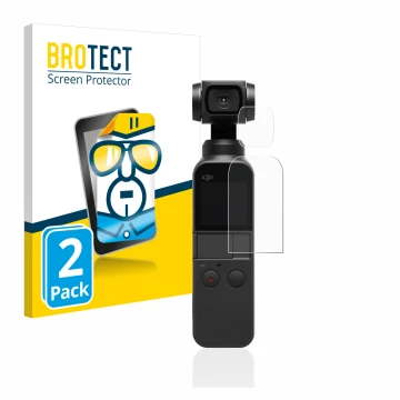 Front side of a product packaging with the brand logo BROTECT. Next to it is the device DJI Osmo Pocket (Display + Lens) shown