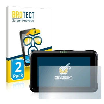 Front side of a product packaging with the brand logo BROTECT. Next to it is the device Atomos Shinobi shown with the correspo