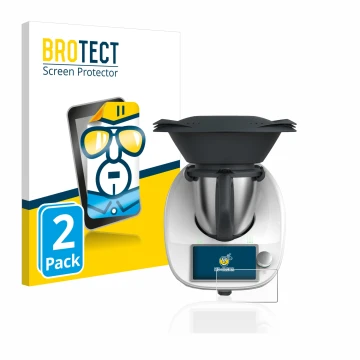 Front side of a product packaging with the brand logo BROTECT. Next to it is the device Vorwerk Thermomix TM6 shown with the c