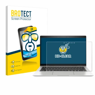 Front side of a product packaging with the brand logo BROTECT. Next to it is the device HP EliteBook x360 1030 G3 shown with t