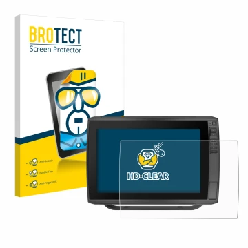 Front side of a product packaging with the brand logo BROTECT. Next to it is the device Garmin ECHOMAP Ultra 122sv shown with 