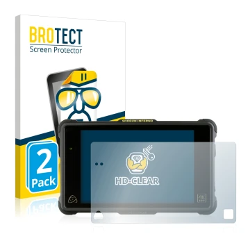 Front side of a product packaging with the brand logo BROTECT. Next to it is the device Atomos Shogun Inferno shown with the c