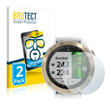 Front side of a product packaging with the brand logo BROTECT. Next to it is the device Garmin Approach S40 shown with the cor