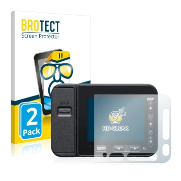 Front side of a product packaging with the brand logo BROTECT. Next to it is the device Sony DSC-RX0M2 (RX0 II) shown with the