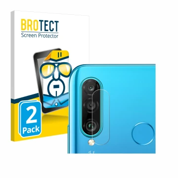 Front side of a product packaging with the brand logo BROTECT. Next to it is the device Huawei P30 lite (ONLY Camera Lens) sho