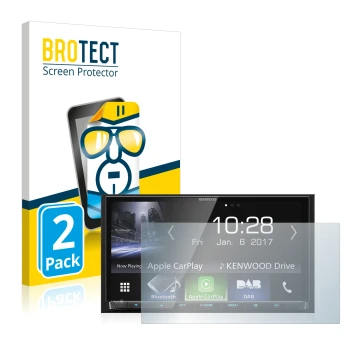 Front side of a product packaging with the brand logo BROTECT. Next to it is the device Kenwood DMX7017DABS shown with the cor