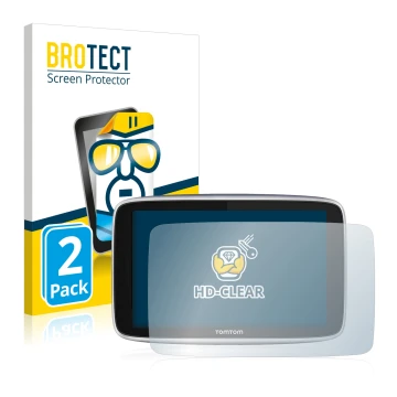Front side of a product packaging with the brand logo BROTECT. Next to it is the device TomTom GO Premium (5