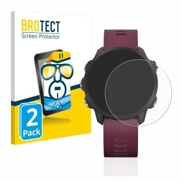 Front side of a product packaging with the brand logo BROTECT. Next to it is the device Garmin Forerunner 245 shown with the c