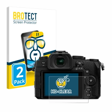 Front side of a product packaging with the brand logo BROTECT. Next to it is the device Panasonic Lumix DC-G91 shown with the 