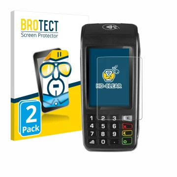 Front side of a product packaging with the brand logo BROTECT. Next to it is the device ingenico Move/5000 shown with the corr