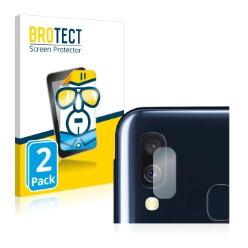 Front side of a product packaging with the brand logo BROTECT. Next to it is the device Samsung Galaxy A40 (ONLY Camera Lens) 