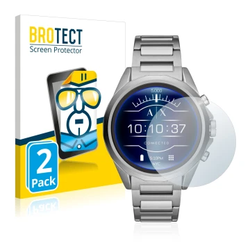 Front side of a product packaging with the brand logo BROTECT. Next to it is the device Emporio Armani Connected Exchange AXT2