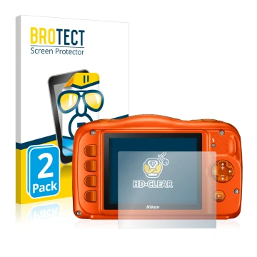 Front side of a product packaging with the brand logo BROTECT. Next to it is the device Nikon Coolpix W150 shown with the corr