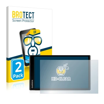 Front side of a product packaging with the brand logo BROTECT. Next to it is the device Garmin Camper 780 shown with the corre