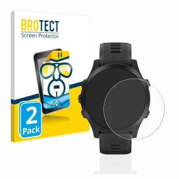 Front side of a product packaging with the brand logo BROTECT. Next to it is the device Garmin Forerunner 945 shown with the c