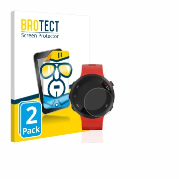 Front side of a product packaging with the brand logo BROTECT. Next to it is the device Garmin Forerunner 45 shown with the co