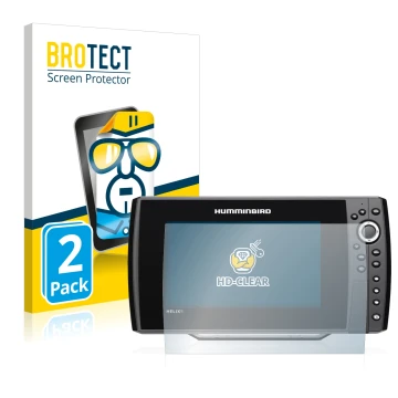 Front side of a product packaging with the brand logo BROTECT. Next to it is the device Humminbird Helix 9 G3N shown with the 