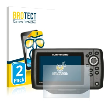 Front side of a product packaging with the brand logo BROTECT. Next to it is the device Humminbird Helix 5 shown with the corr