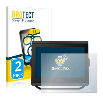 Front side of a product packaging with the brand logo BROTECT. Next to it is the device Garmin GPSMAP 8410xsv shown with the c