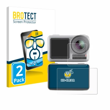 Front side of a product packaging with the brand logo BROTECT. Next to it is the device DJI Osmo Action shown with the corresp