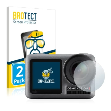 Front side of a product packaging with the brand logo BROTECT. Next to it is the device DJI Osmo Action (Lens) shown with the 