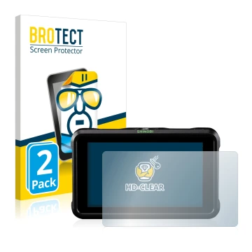Front side of a product packaging with the brand logo BROTECT. Next to it is the device Atomos Shinobi SDI shown with the corr