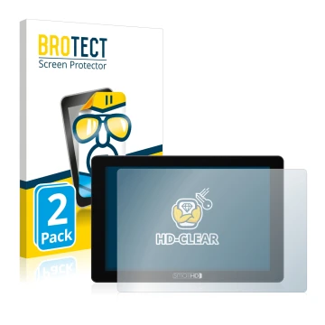 Front side of a product packaging with the brand logo BROTECT. Next to it is the device SmallHD 702 Touch shown with the corre