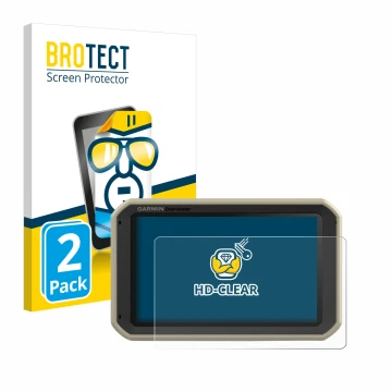 Front side of a product packaging with the brand logo BROTECT. Next to it is the device Garmin Overlander shown with the corre