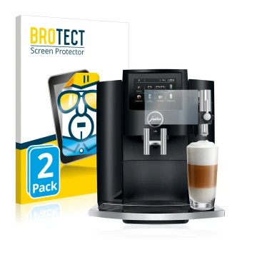 Front side of a product packaging with the brand logo BROTECT. Next to it is the device Jura S8 shown with the corresponding s