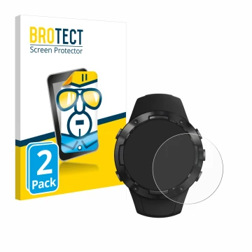 Front side of a product packaging with the brand logo BROTECT. Next to it is the device Suunto 5 shown with the corresponding 