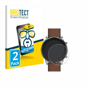 Front side of a product packaging with the brand logo BROTECT. Next to it is the device Huami Amazfit GTR (47 mm) shown with t