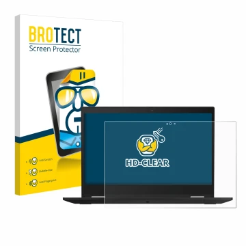 Front side of a product packaging with the brand logo BROTECT. Next to it is the device Lenovo ThinkPad X390 Yoga shown with t