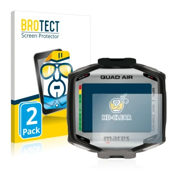 Front side of a product packaging with the brand logo BROTECT. Next to it is the device Mares Quad Air shown with the correspo