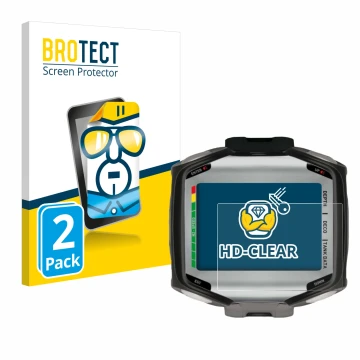 Front side of a product packaging with the brand logo BROTECT. Next to it is the device Mares Quad shown with the correspondin