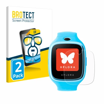 Front side of a product packaging with the brand logo BROTECT. Next to it is the device Xplora Go shown with the corresponding