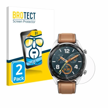 Front side of a product packaging with the brand logo BROTECT. Next to it is the device Huawei Watch GT Classic shown with the
