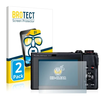 Front side of a product packaging with the brand logo BROTECT. Next to it is the device Canon PowerShot G5 X Mark II shown wit