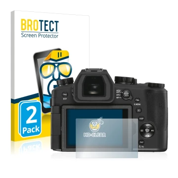 Front side of a product packaging with the brand logo BROTECT. Next to it is the device Leica V-LUX 5 shown with the correspon