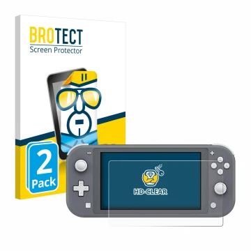 Front side of a product packaging with the brand logo BROTECT. Next to it is the device Nintendo Switch Lite shown with the co